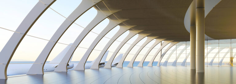 A beautiful picture of concrete support beams in a new airport terminal